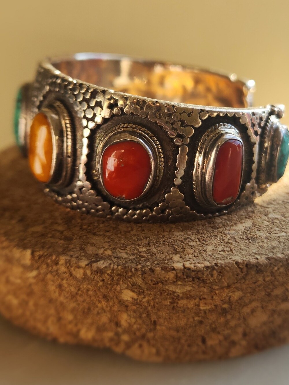 Asian/ Himalayan Turquoise and Amber Stone Silver Cuff Bracelet